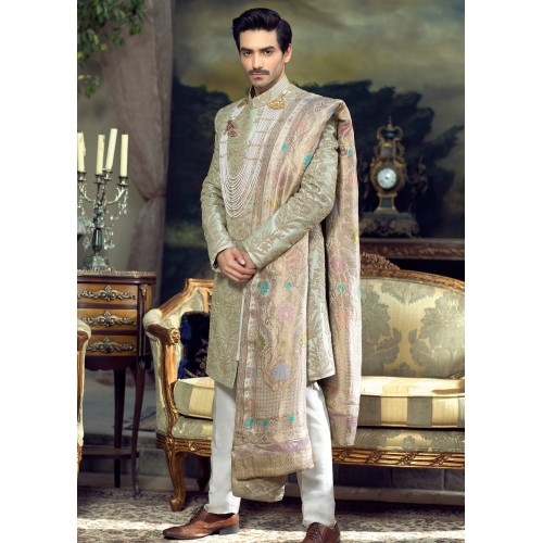 ZGMS2604 Coffee Black Raw Silk Sherwani