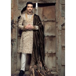 ZGMS2606 Antique White Raw Silk Sherwani