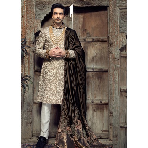 ZGMS2606 Antique White Raw Silk Sherwani