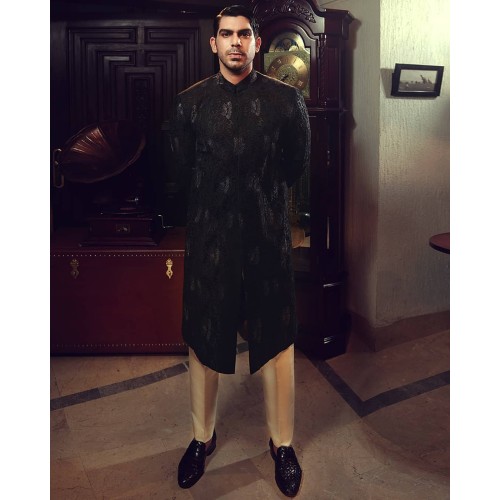 ZGMS2700 Black Raw Silk Sherwani