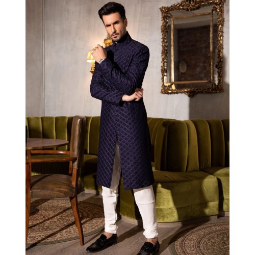 ZGMS2702 Deep Navy Blue Raw Silk Sherwani