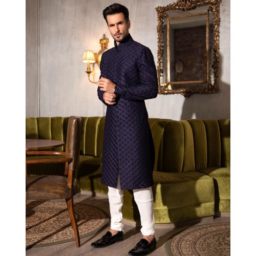 ZGMS2702 Deep Navy Blue Raw Silk Sherwani