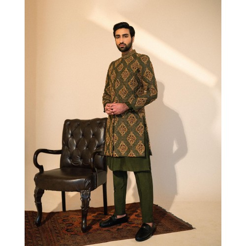 ZGMS2705 Olive Nude Raw Silk Sherwani