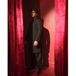 ZGMS2707 Black Raw Silk Sherwani