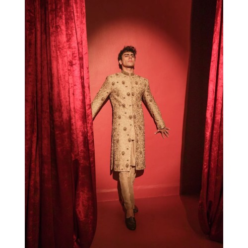 ZGMS2708 Gold Raw Silk Sherwani