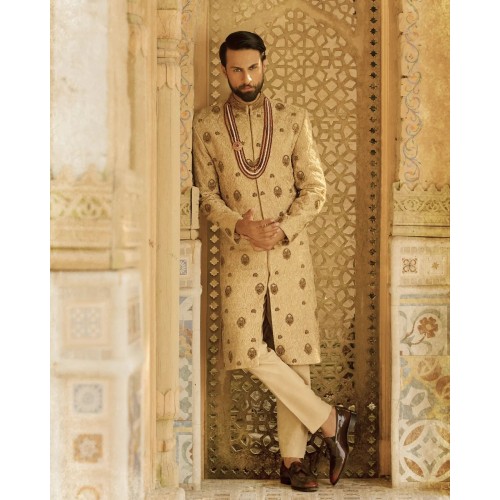 ZGMS2708 Gold Raw Silk Sherwani