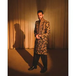 ZGMS2710 Black Raw Silk Sherwani
