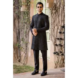 ZGMS2793 Black Raw Silk Sherwani