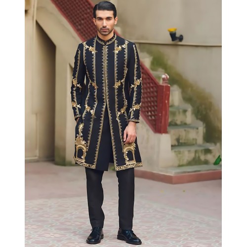 ZGMS2799 Black Raw Silk Sherwani