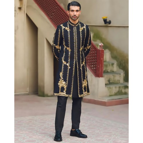 ZGMS2799 Black Raw Silk Sherwani