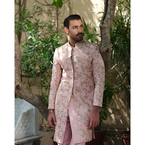 ZGMS2801 Light Pink Raw Silk Sherwani