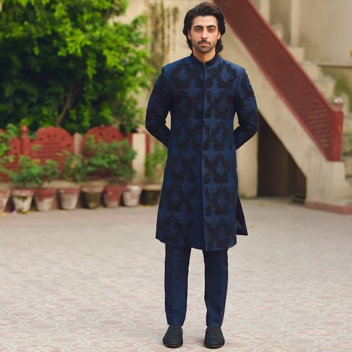 ZGMS2802 Navy Raw Silk Sherwani
