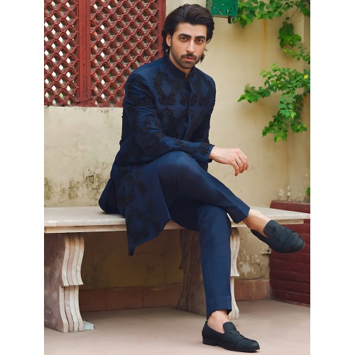 ZGMS2802 Navy Raw Silk Sherwani