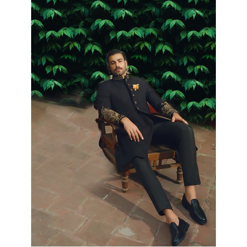 ZGMS2803 Black Jamawar Sherwani