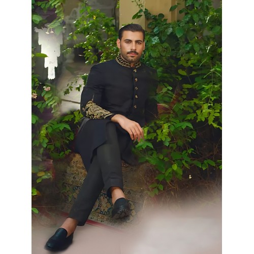ZGMS2803 Black Jamawar Sherwani