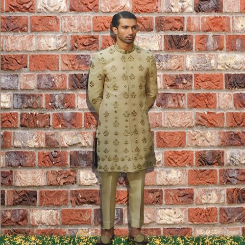 ZGMS2804 Dark Champagne Raw Silk Sherwani