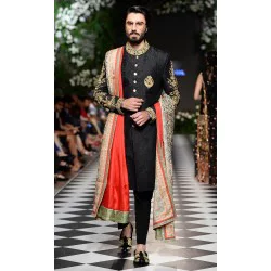 ZGMS2899 Black Embroidered Raw Silk Sherwani