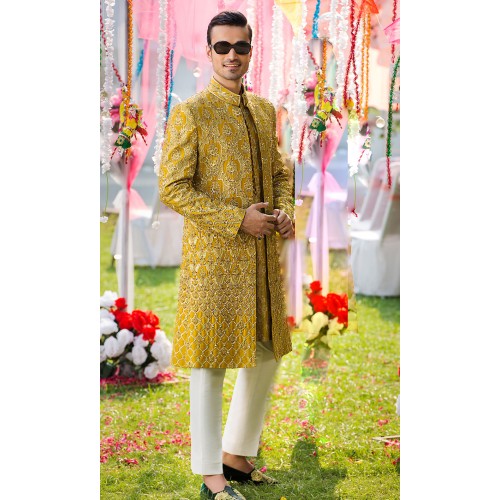 ZGMS2900 Dark Goldenrod Raw Silk Sherwani