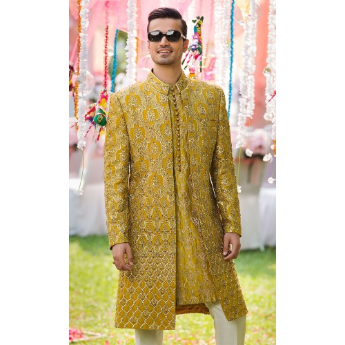 ZGMS2900 Dark Goldenrod Raw Silk Sherwani