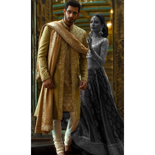 ZGMS2902 Bistre Brown Jamawar Sherwani