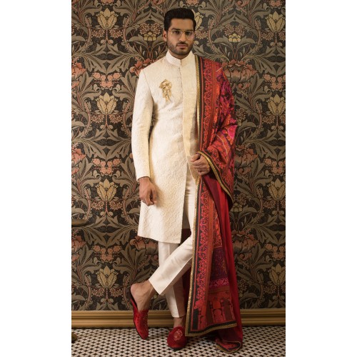 ZGMS2904 Off-White Embroidered Raw Silk