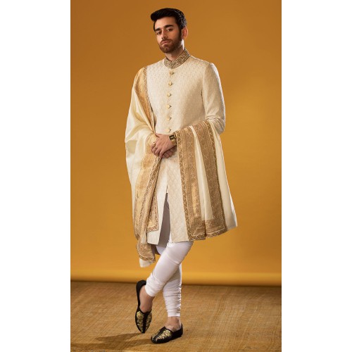 ZGMS2905 Off-White Embroidered Raw Silk