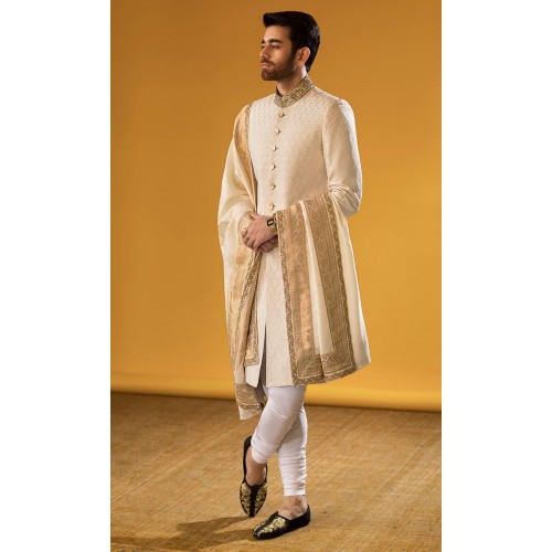 ZGMS2905 Off-White Embroidered Raw Silk