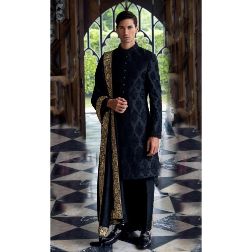 ZGMS2906 Black Raw Silk Sherwani