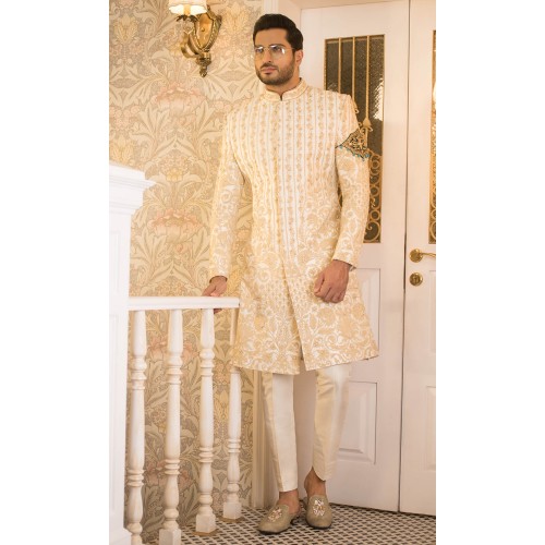 ZGMS2907 Off-White Raw Silk Sherwani