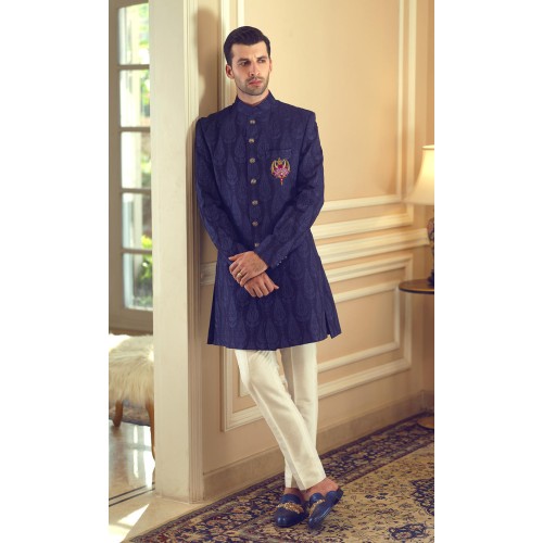 ZGMS2909 Dark Persian Indigo Raw Silk Sherwani