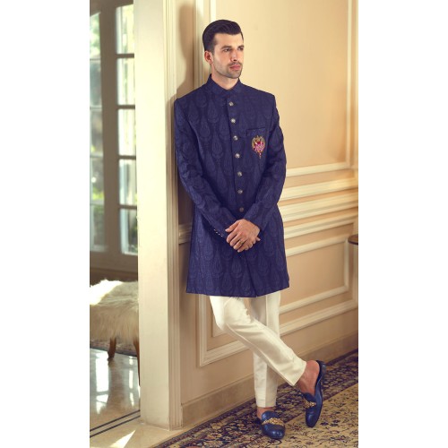 ZGMS2909 Dark Persian Indigo Raw Silk Sherwani