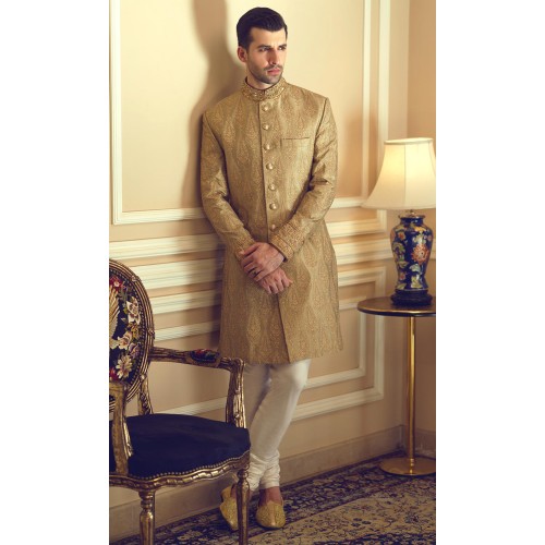 ZGMS2910 Gold Raw Silk Sherwani