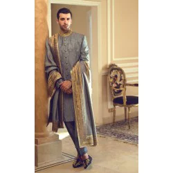 ZGMS2911 Gray Raw Silk Sherwani