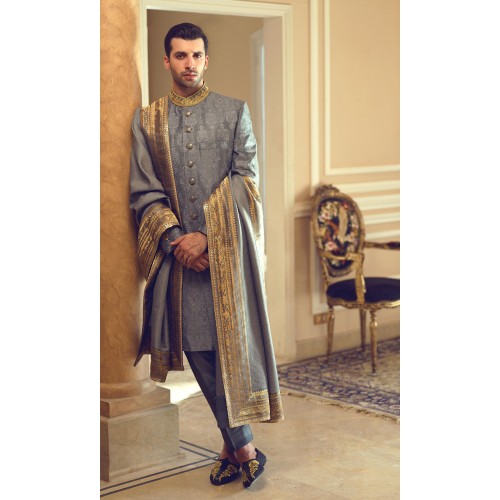 ZGMS2911 Gray Raw Silk Sherwani
