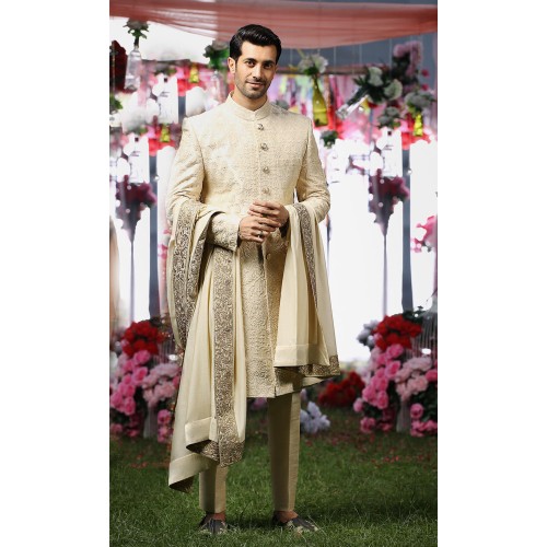 ZGMS2912 Cornsilk Raw Silk Sherwani