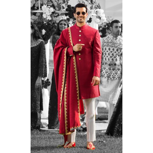 ZGMS2914 Red Brocade Sherwani