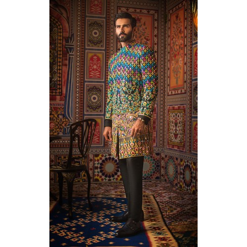 ZGMS2916 Black Raw Silk Sherwani