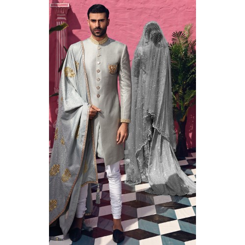 ZGMS2918 Silver Brocade Sherwani