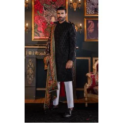 ZGMS2920 Black Raw Silk Sherwani