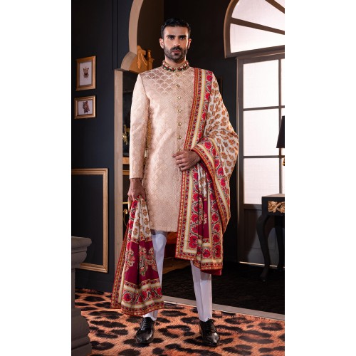 ZGMS2921 Rose Gold Embroidered Raw Silk Sherwani