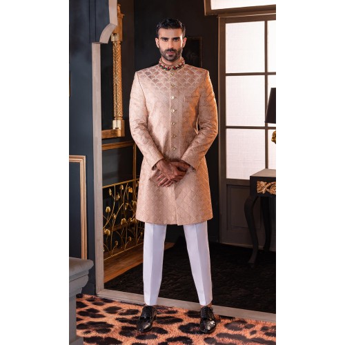 ZGMS2921 Rose Gold Embroidered Raw Silk Sherwani
