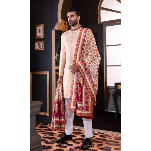 ZGMS2921 Rose Gold Embroidered Raw Silk Sherwani