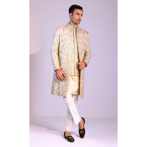 ZGMS2924 Ivory Pink Raw Silk Sherwani