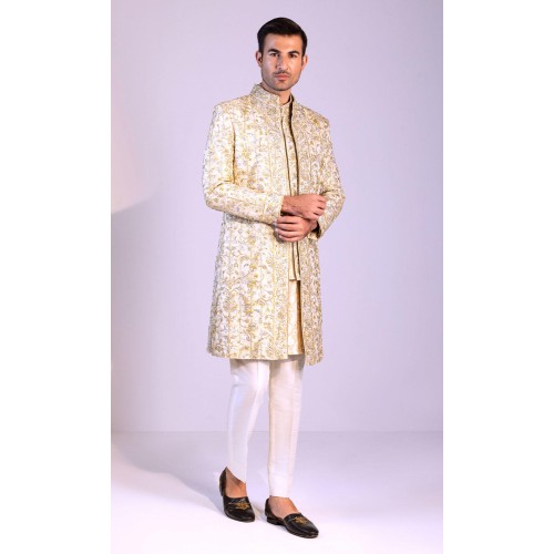 ZGMS2924 Ivory Pink Raw Silk Sherwani