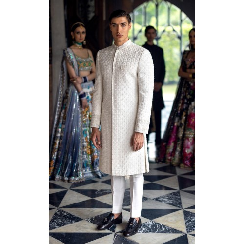 ZGMS2925 White Embroidered Raw Silk Sherwani