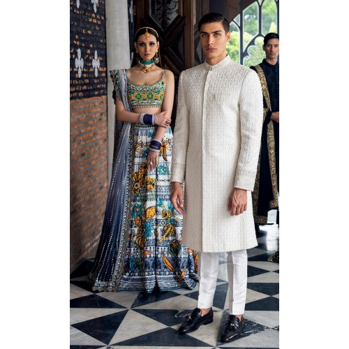 ZGMS2925 White Embroidered Raw Silk Sherwani
