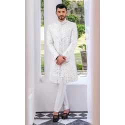 ZGMS2927 White Raw Silk Sherwani