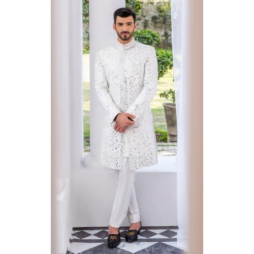 ZGMS2927 White Raw Silk Sherwani