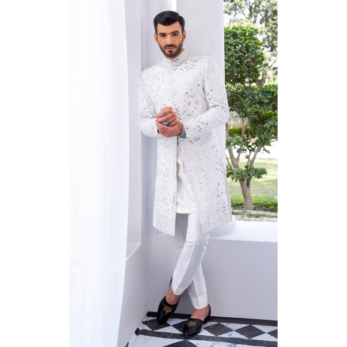ZGMS2927 White Raw Silk Sherwani