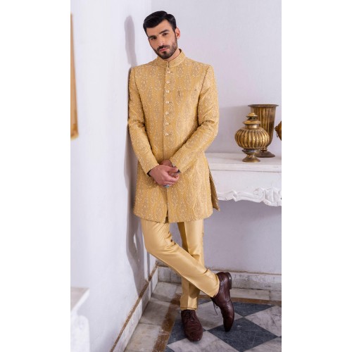 ZGMS2928 Earth Yellow Raw Silk Sherwani